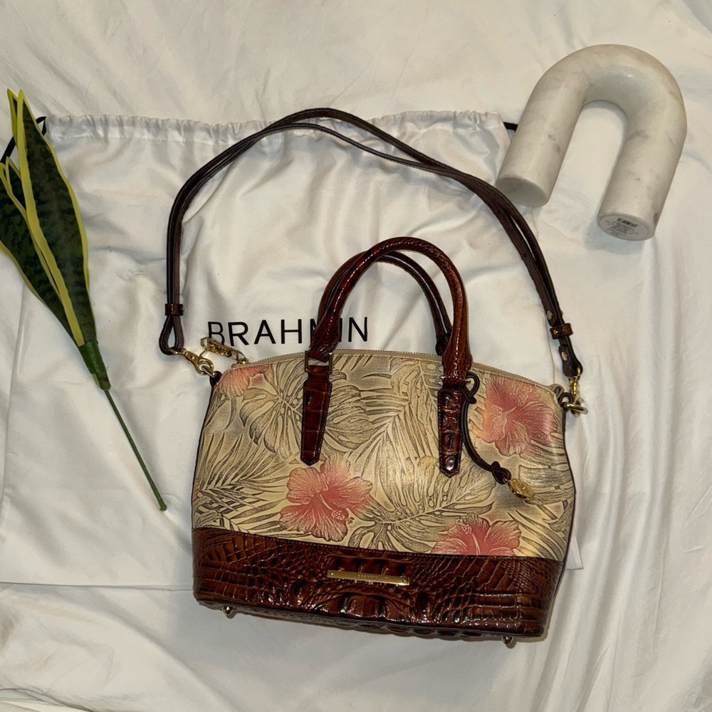 Brahmin Cream Floral Crossbody with Brown Leather Trim